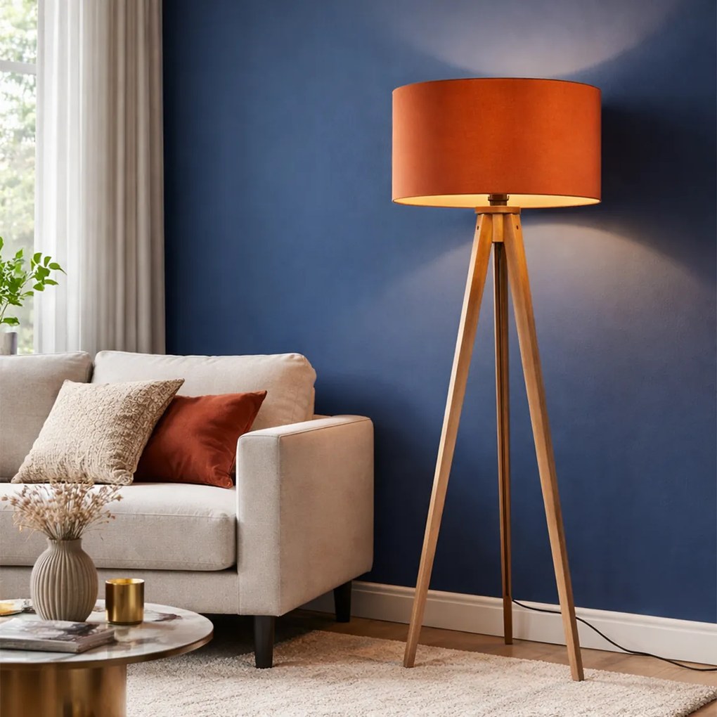 Drevená stojaca lampa s oranžovým tienidlom a zlatým interiérom 50 cm - Tripod Classic