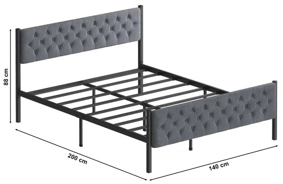 Kovová dvojlôžková posteľ KAROM 140x200 cm, sivá, nosnosť 200 kg