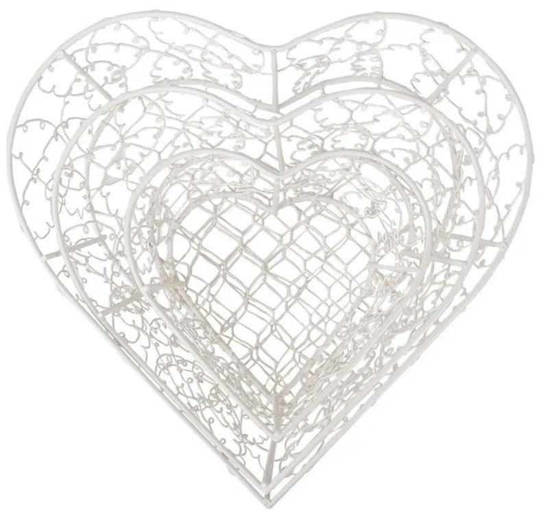 3ks biely drôtený kovový košík v tvare srdca - 25*25*7 / 20*20*6 / 15*15*6 cm