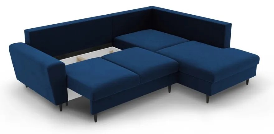 Modrá zamatová rozkladacia/s úložným priestorom rohová pohovka (pravý roh/do L) Kyoto – Cosmopolitan Design