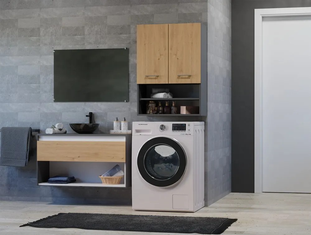 Dubová kúpeľňová skrinka s poličkami POLA  Dub artisan/antracit