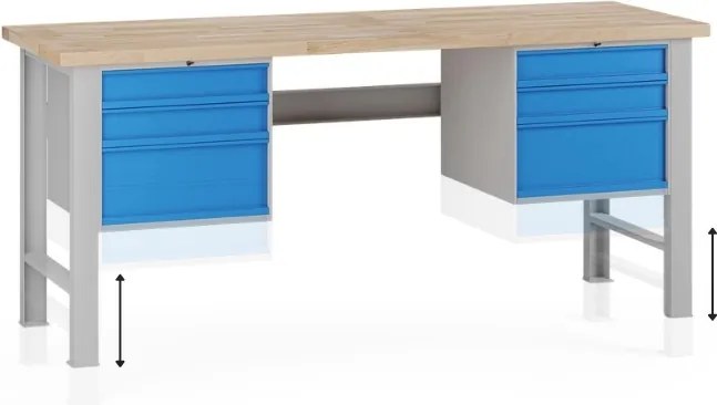 Výškovo nastaviteľný dielenský stôl G7, buková škárovka, 2000 x 685 x 840-1040 mm, 2x kontajner, 6 zásuviek, modrá