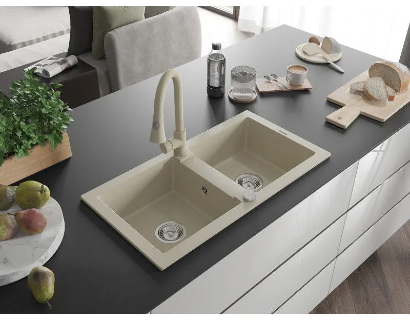 Mexen Mario, 2-komorový granitový drez 820x436x161 mm a drezová batéria Elia, béžová, 6504-69-670101-69