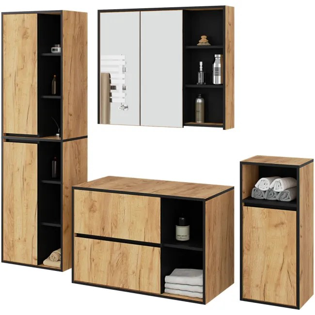 Kúpeľňová zostava VAMI s otvormi na umývadlo, dub craft / čierna