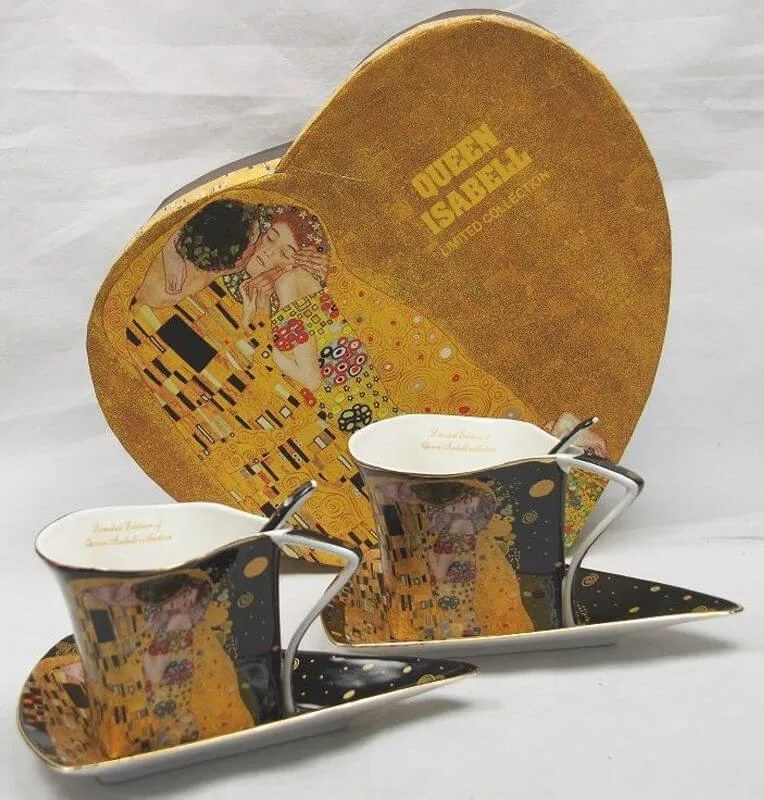 Šálka s podšálkou - set 2 ks, Gustav Klimt  The Kiss ATYP, Queen Isabell,čierne