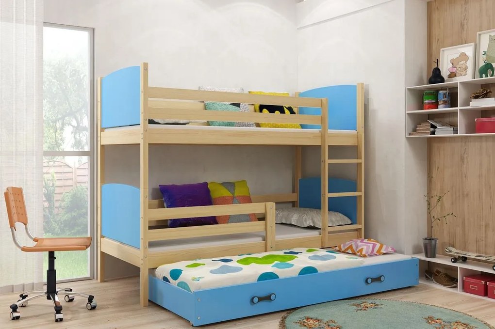 Poschodová posteľ s prístelkou TAMI 3 - 200x90cm - BOROVICA - MODRÁ