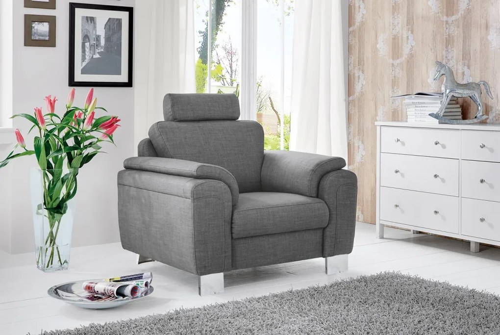 Rohová sedacia súprava s kreslom Omaha, šedá látka, s funkciami