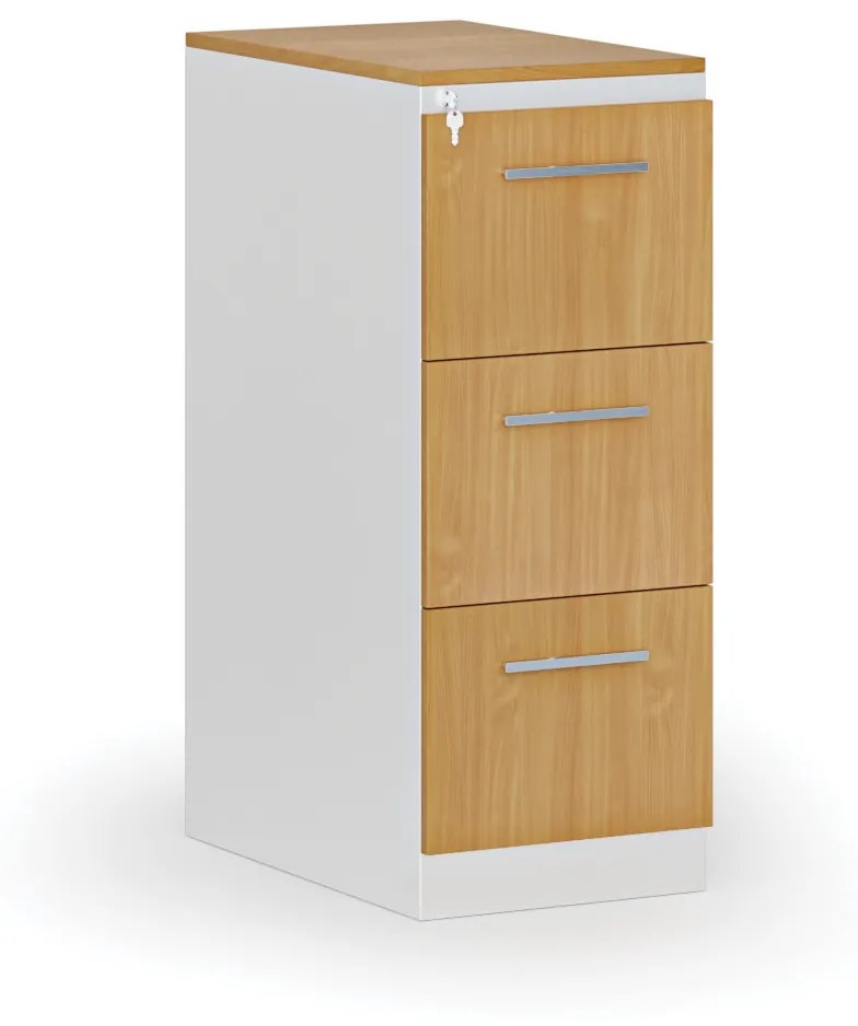 Kovová zásuvková kartotéka PRIMO s drevenými čelami A4, 3 zásuvky, biela/buk