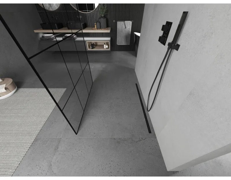 Mexen Kioto, priechodná sprchová zástena 110 x 200 cm, 8mm sklo číre/čierny vzor, 2x čierna stabilizačná rozpera, 800-110-002-70-77