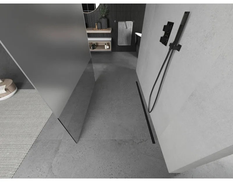 Mexen Kioto, priechodná sprchová zástena 110 x 200 cm, 8mm sklo číre/námraza, 2x čierna stabilizačná rozpera, 800-110-002-70-35