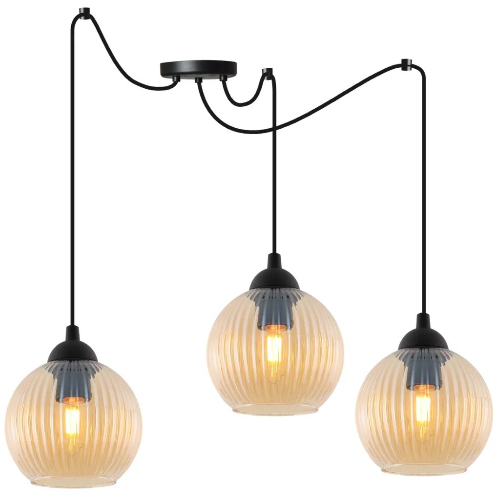 Závesné svietidlo Riffle Round Spider, 3x medové sklenené tienidlo