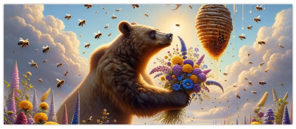 Obraz - Medveď a včielky (120x50 cm)