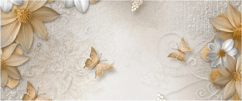 Obraz - Kvety s motýlikmi (120x50 cm)