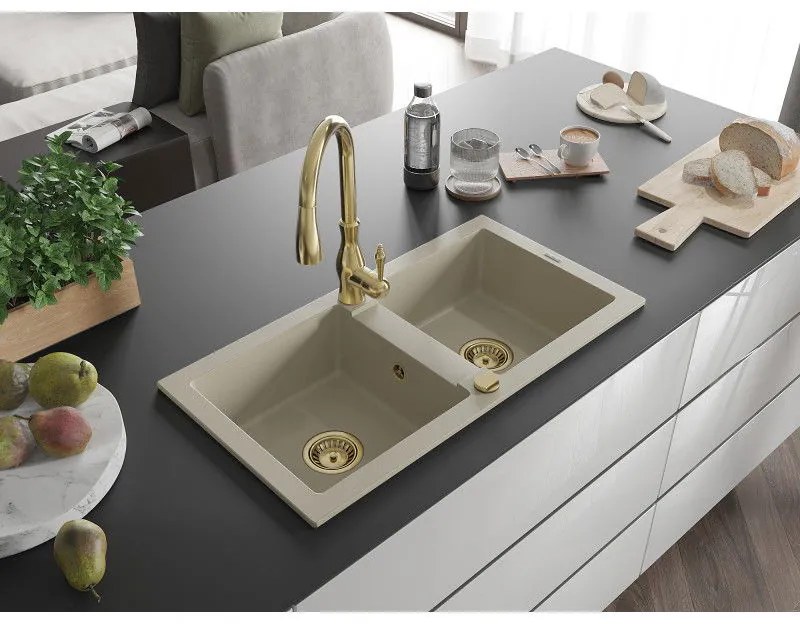 Mexen Mario, 2-komorový granitový drez 820x436x161 mm a drezová batéria Savita, béžová, 6504-69-672601-50