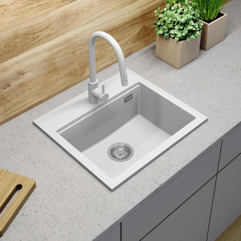 Sink Quality Ferrum New 5055, 1-komorový granitový drez 560x500x210 mm + zlatý sifón, biela, SKQ-FER.5055.WH.XG