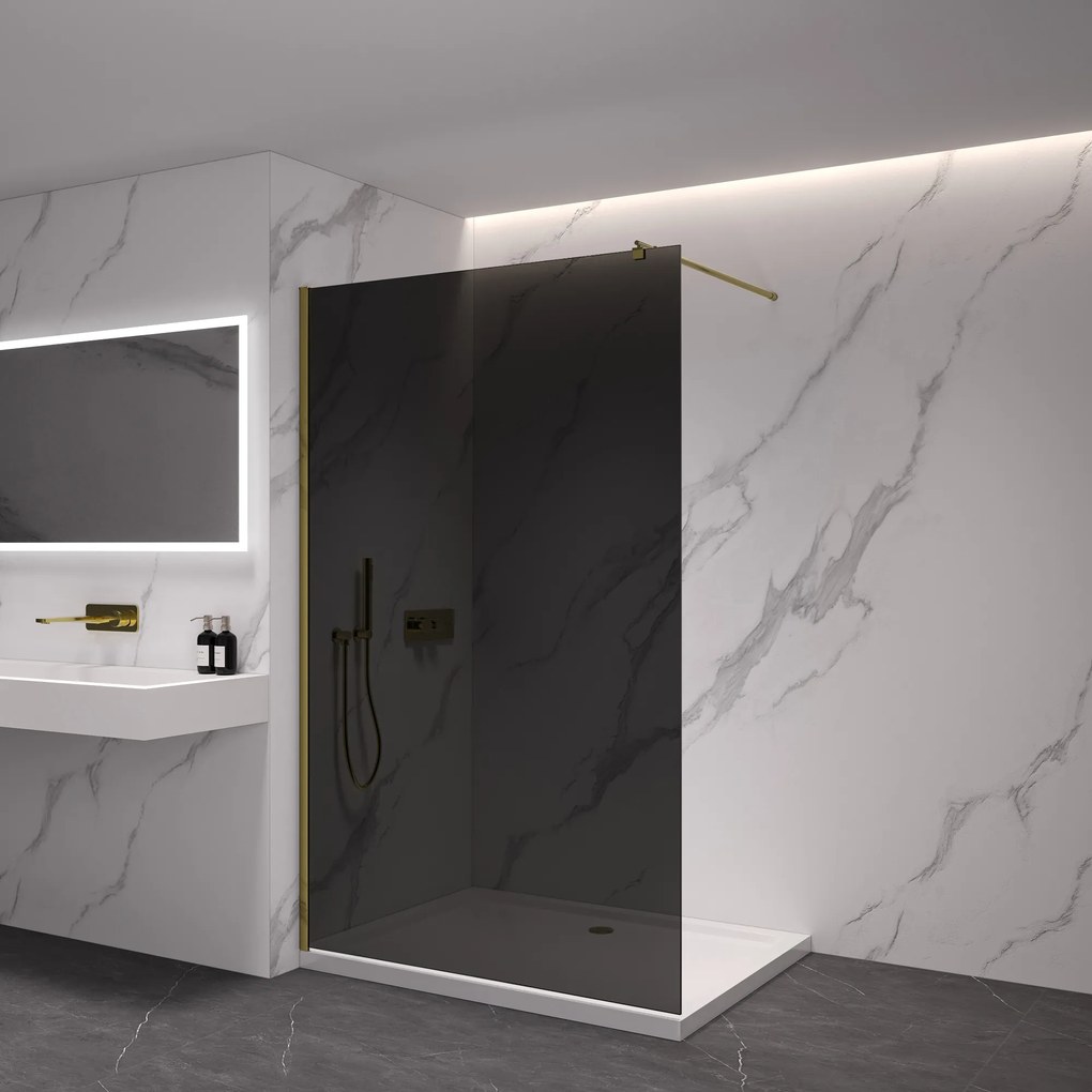 CERANO - Sprchová zástena Walk-in Onyx Ľ/P - guľatá vzpera - zlatá kartáčovaná, grafitové sklo - 160x200 cm, CER-CER-8050BD202
