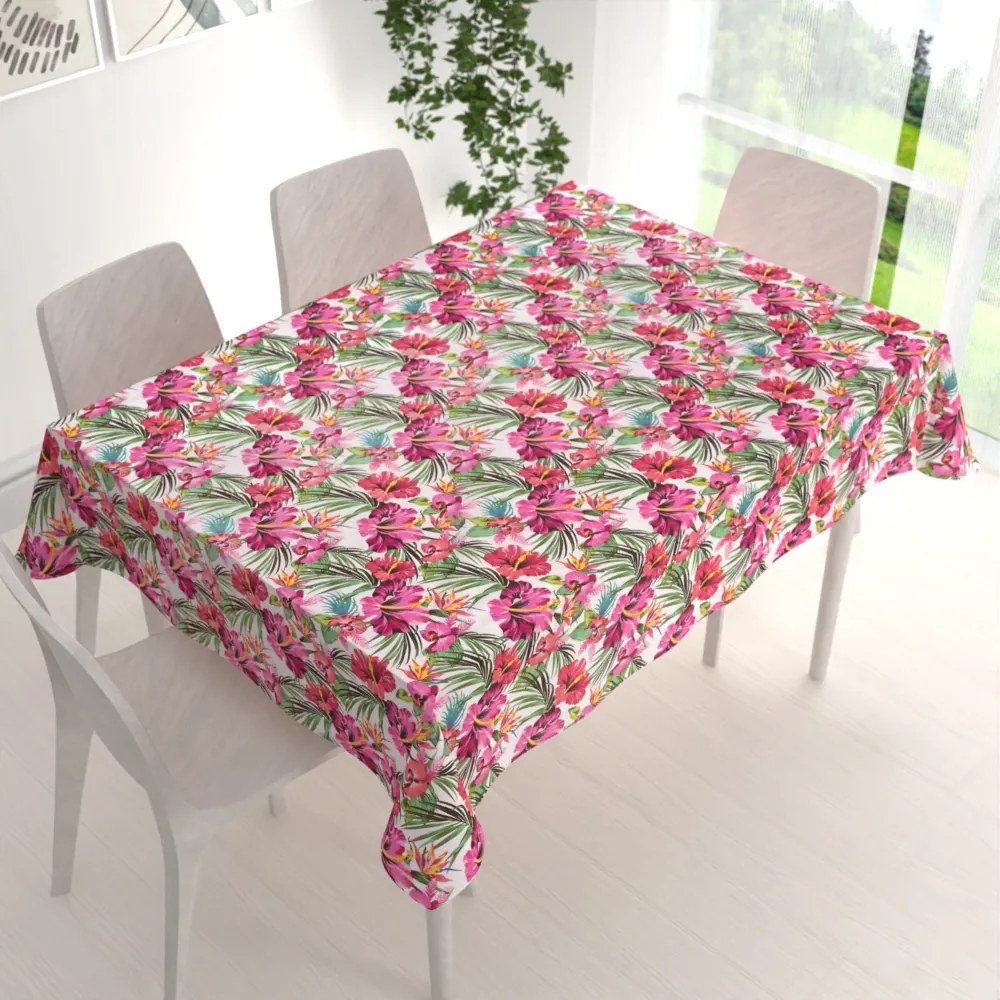Biante Bavlnený obdĺžnikový obrus Sandra SA-555 Ružovo-červené havajské kvety na bielom 140x160 cm