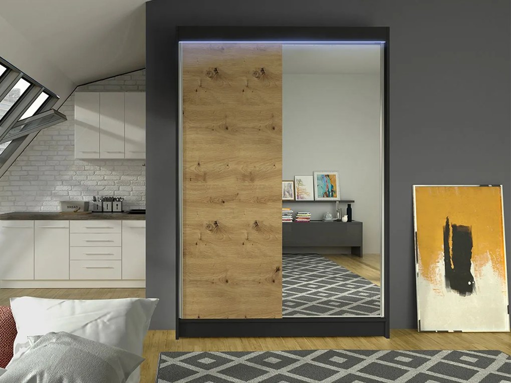 Posuvná skriňa so zrkadlom Parys I, Farby: sonoma, Osvetlenie: osvetlenie LED RGB - farebné