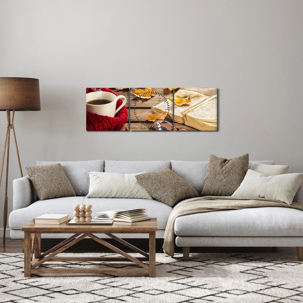 Obraz - Jesenná šálka čaju (s hodinami) (90x30 cm)