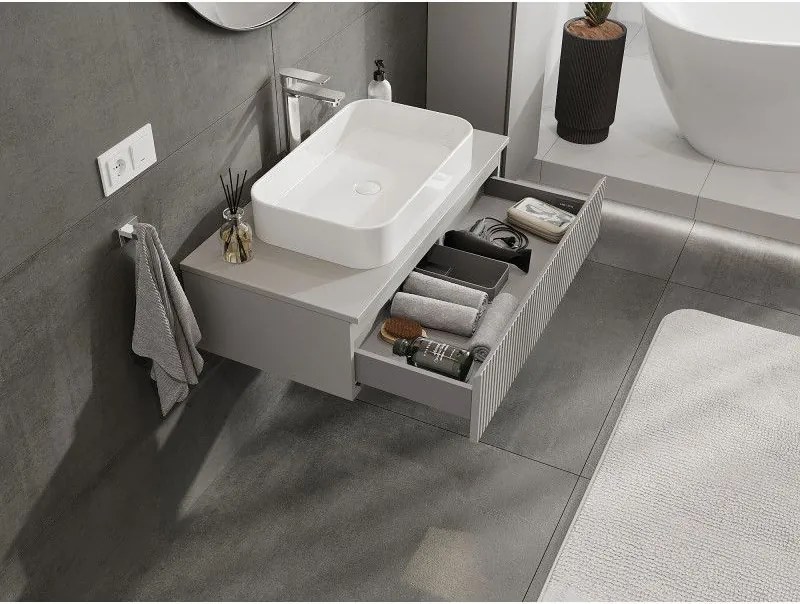 Mexen Rivel, kúpeľňová skrinka 90 cm s pracovnou doskou, 1 zásuvka, drážkovaná, matná sivá, 91A20-09023-1-BFC62