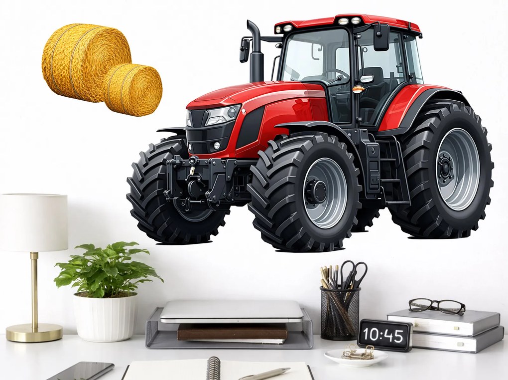 Červený traktor textilní prelepiteľná nálepka na stenu hárok 46 x 30 cm