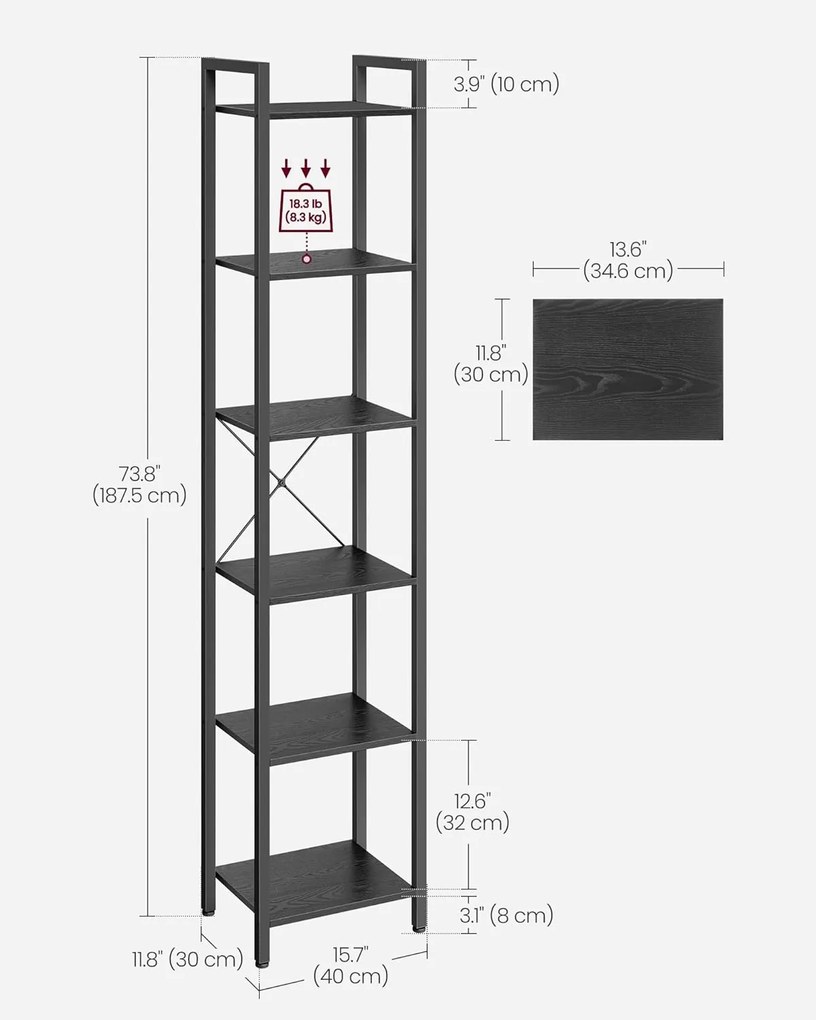 Knihovna Vasagle Delive 187,5 cm černá