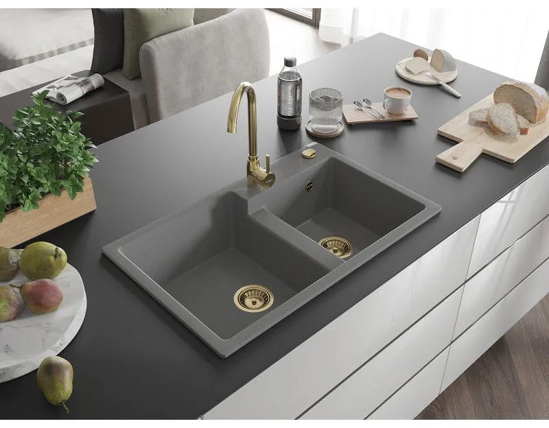 Mexen Tomas, granitový drez 800x500x190 mm, 2-komorový, šedá so zlatým sifónom, 6516802000-71-G