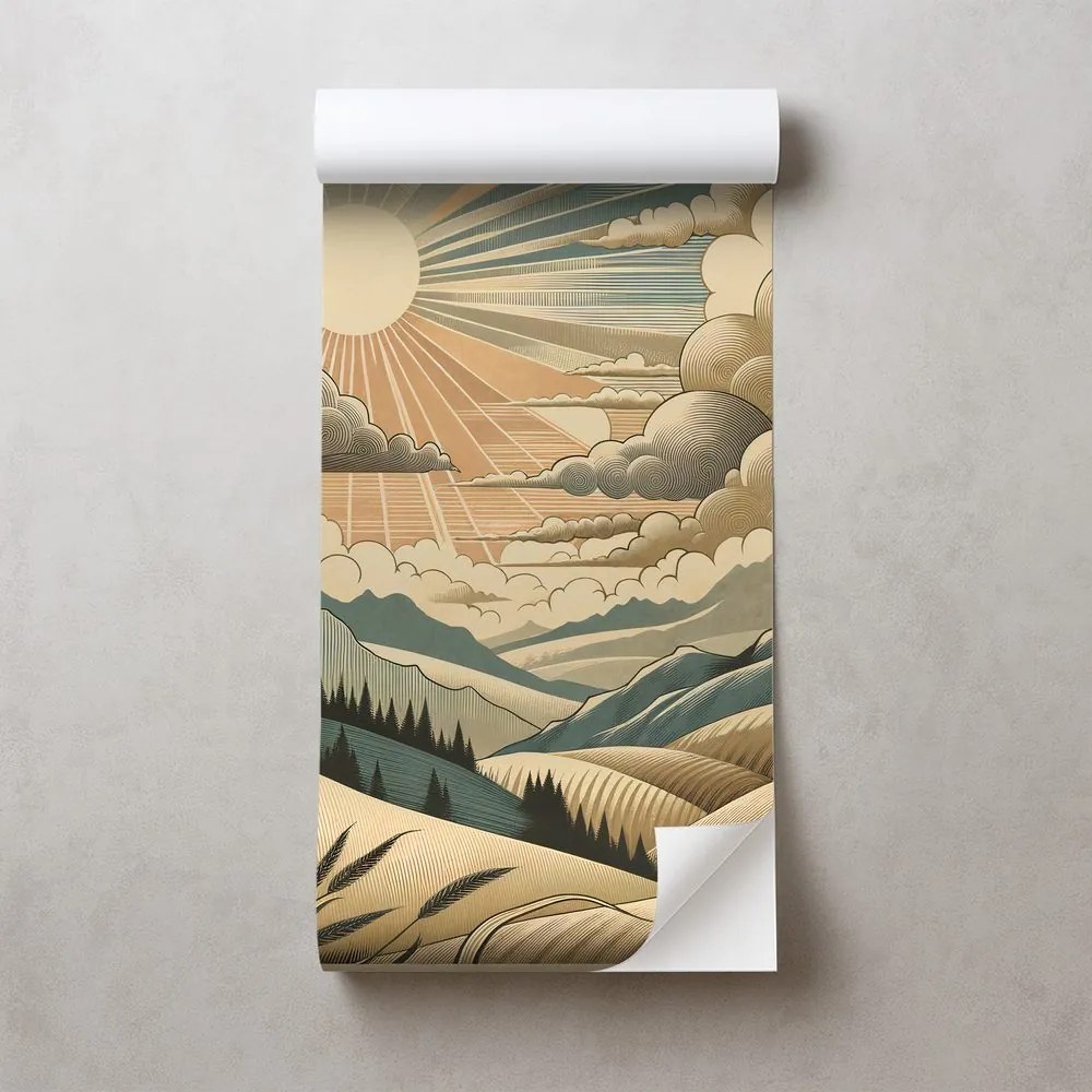 Samolepiaca tapeta retro krajina s horami a slnkom