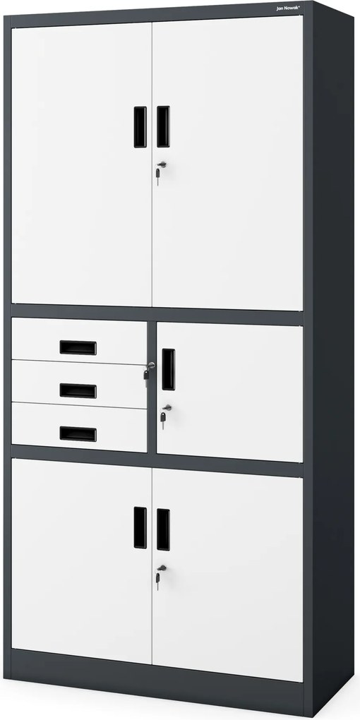 Kovová spisová skriňa so zásuvkami a trezorom FILIP II, 900 x 1850 x 400 mm, antracitovo-biela