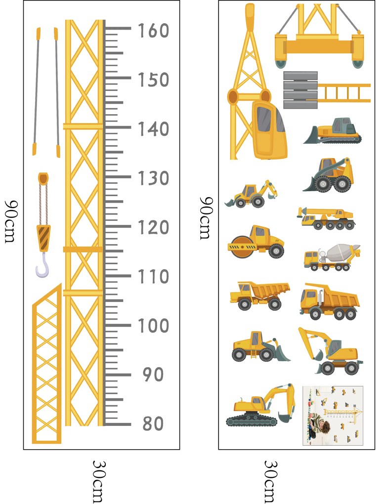 Samolepka na stenu "Detský meter - pracovné stroje" 150x140cm
