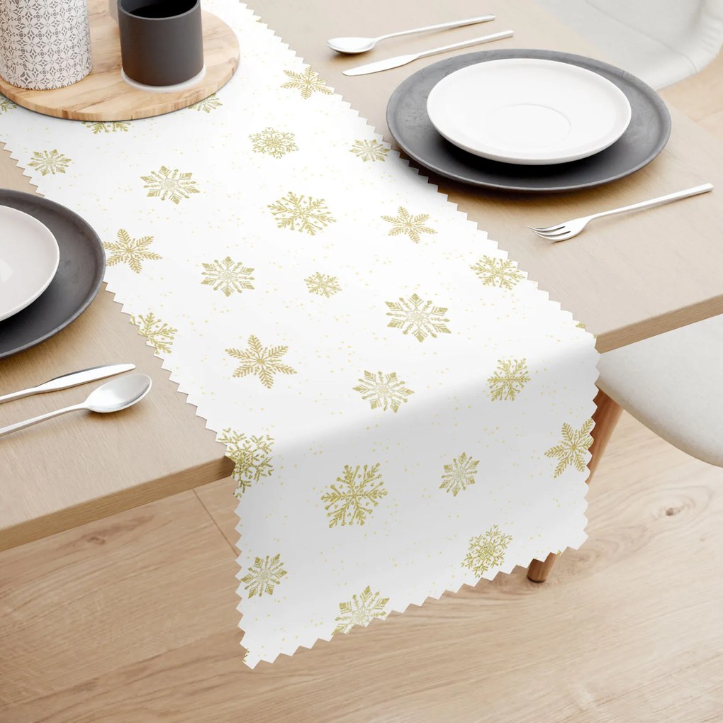 Goldea behúň na stôl teflónový - zlaté snehové vločky 50x140 cm