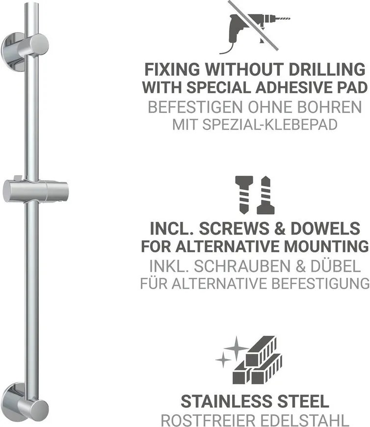 Sprchová tyč bez vŕtania z nehrdzavejúcej ocele v lesklo striebornej farbe s posuvným držiakom 70 cm – Wenko