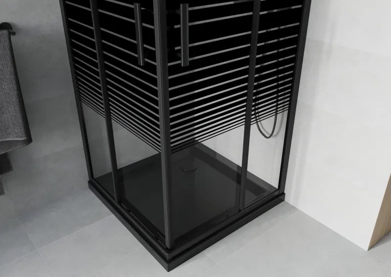 Mexen Rio, štvorcový sprchovací kút s posuvnými dverami 70(dvere) x 70(dvere) x 190 cm, 6mm číre sklo s pásikmi, čierny profil + čierna sprchová vanička SLIM, 860-070-070-70-20-4070B