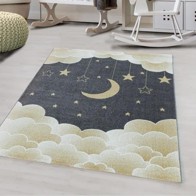 Detský koberec Funny mesiac nad oblakmi, sivý / zlatý