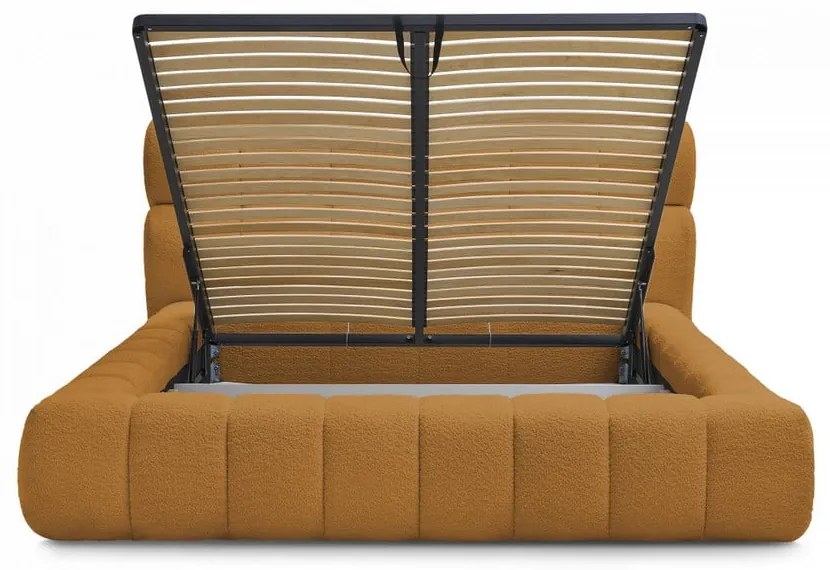 Čalúnená dvojlôžková posteľ s úložným priestorom s roštom 160x200 cm v horčicovej farbe Mont Blanc – Bobochic Paris