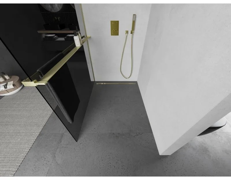 Mexen Kioto+ L, sprchová zástena Walk-In s poličkou a vešiakom 120 x 200 cm, 8mm šedé sklo, zlatý matný profil, 800-120-123-55-40