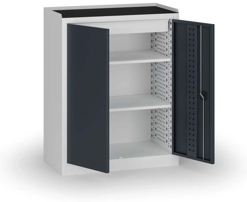 Policová dielenská skriňa 2-dverová, 2 police + 1 zásuvka, 1180 × 950 × 500 mm, grafitové dvere