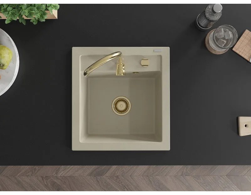 Mexen Vito, 1-komorový granitový drez 520x490x210 mm, zlatá batéria Telma, béžová, 6503-69-670200-50