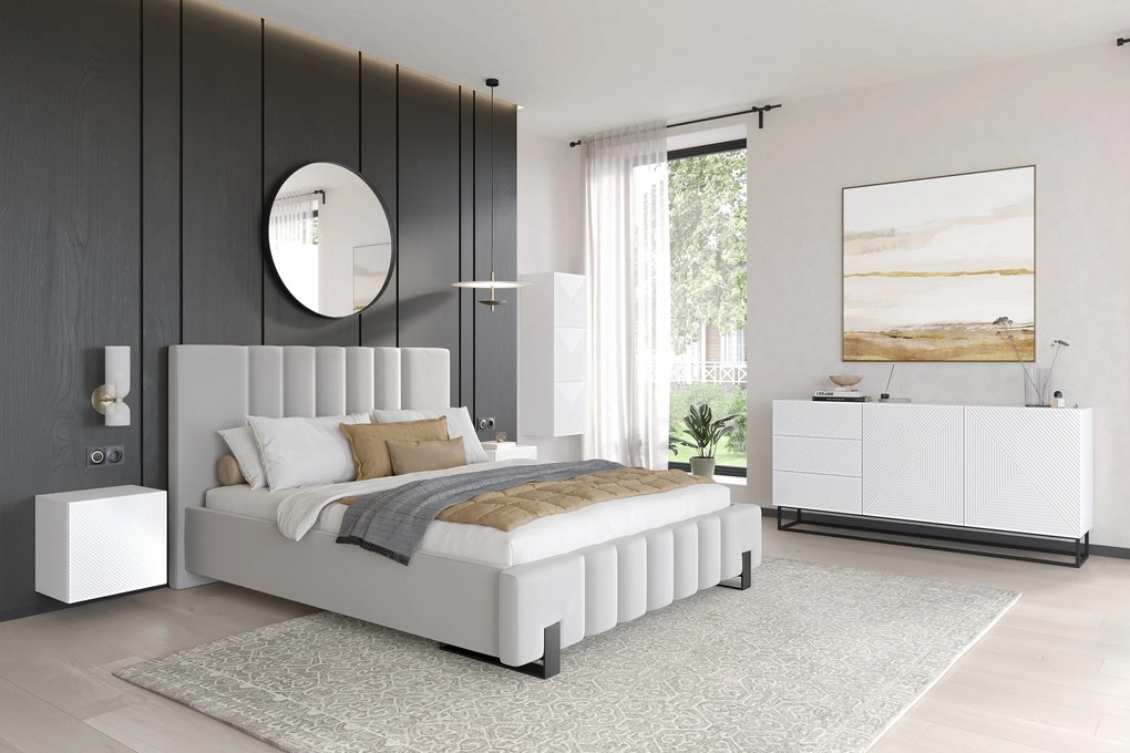 Biela komoda Asha 167 cm s dvomi dverami a zásuvkami - matný biely / čierny rám