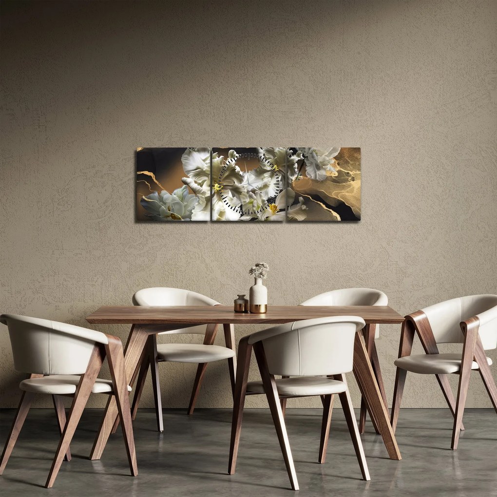 Obraz - Kvety orchideí na mramorovom pozadí (s hodinami) (90x30 cm)