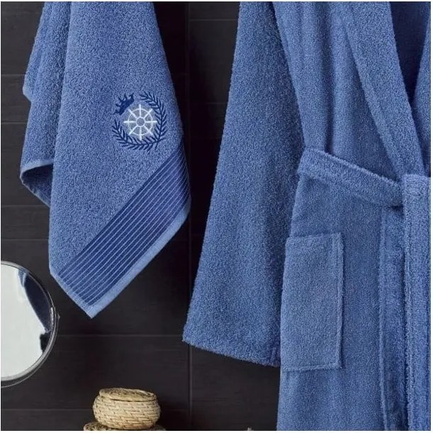 Modrý bavlnený župan a uterák v súprave veľkosť S/M – Mila Home