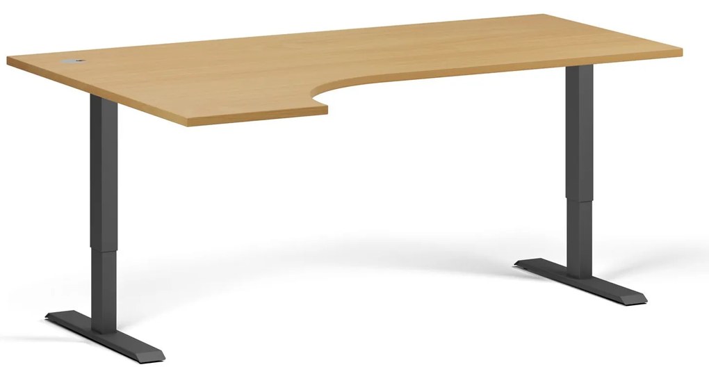 Rohový výškovo nastaviteľný stôl, 180x120 cm, 2 motory, L/P, čierna podnož, buk