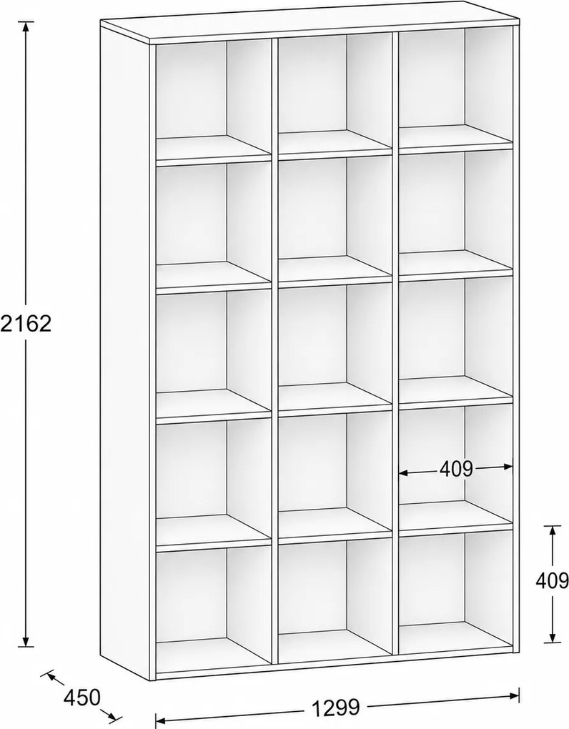 Regál FRAME, vysoký, 3 stĺpce, 2162 x 1299 x 450 mm, orech