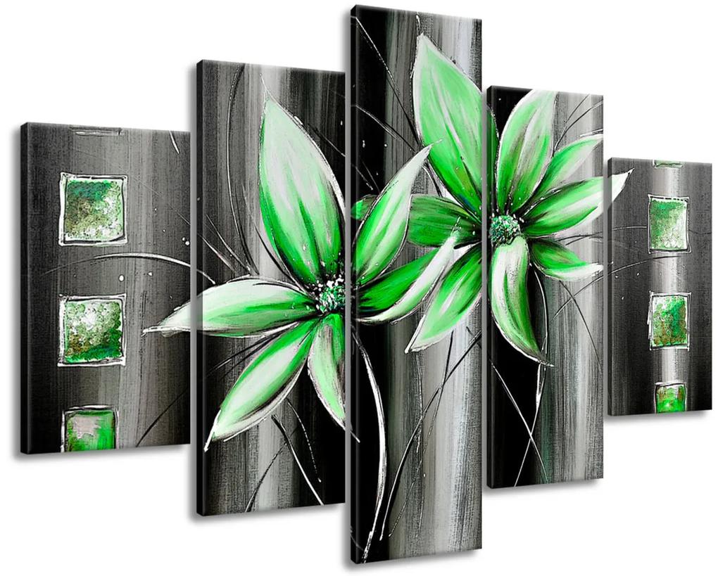 Gario Ručne maľovaný obraz Krásne zelené kvety - 5 dielny Rozmery: 100 x 70 cm