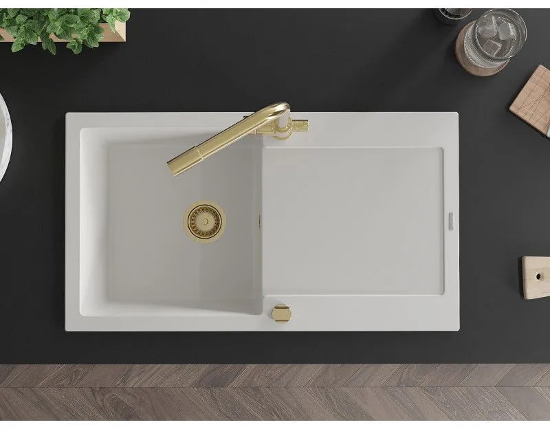 Mexen Leo, drez granitový 900x500x190 mm, 1-komorový a zlatá batéria Duero, biela, 6501-20-671600-50