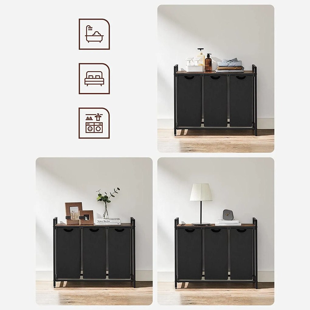 Kôš na bielizeň, s 3 vyťahovacími a odnímateľnými vakmi, 3 x 38 L, čierny