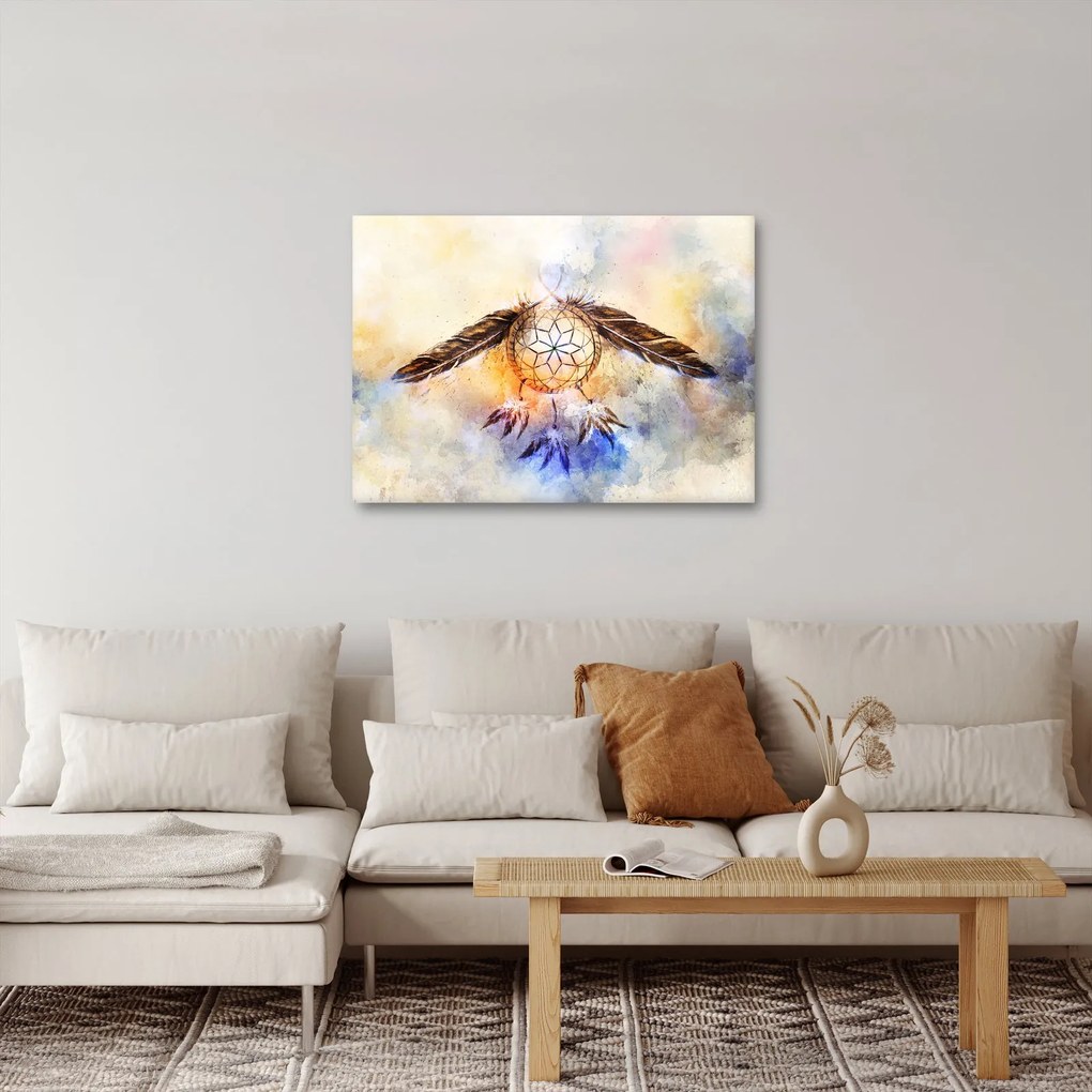 Obraz - Lapač snov s pierkami (70x50 cm)