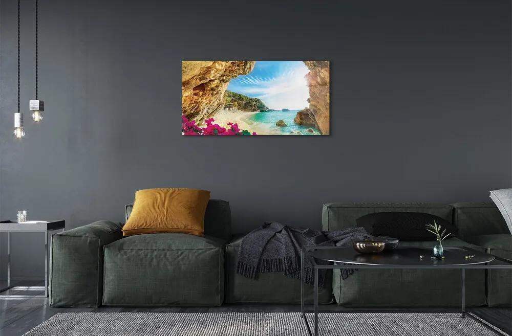 Sklenený obraz Grécko pobrežie útesy kvety 125x50 cm