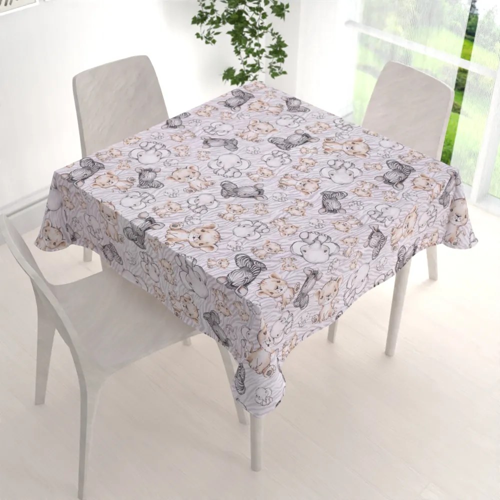 Biante Detský bavlnený štvorcový obrus Sandra SA-335 Africké zvieratká na sivom zebrovanom 90x90 cm
