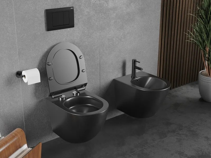 Mexen Lena, závesná WC misa 490x360x340 mm, Rimless Tornádo + WC sedadlo z duroplastu, čierna matná, 30220185T